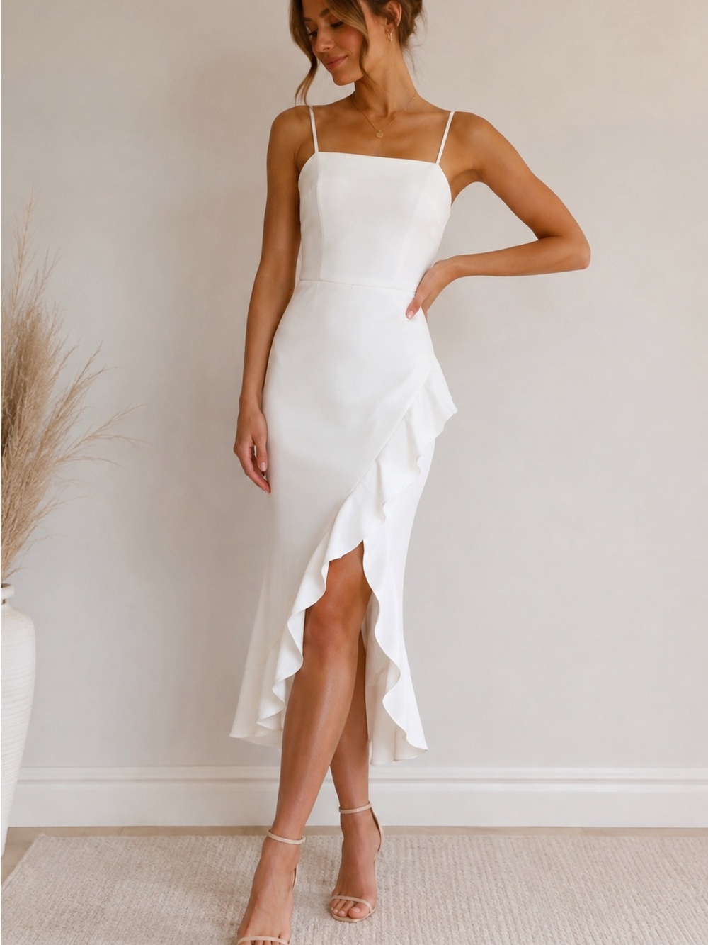 JJ’s House White Ruffle Midi Dress Strappy Asymmetrical Formal Cocktail NWT XS